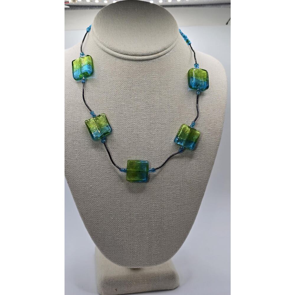 Dichroic Glass Necklace, Square Fused Glass Beads, Sterling Silver